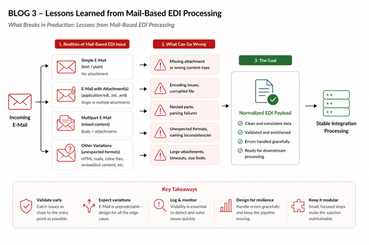 Illustration showing different email formats, including multipart messages, leading to processing errors before being normalized into a stable payload for integration.