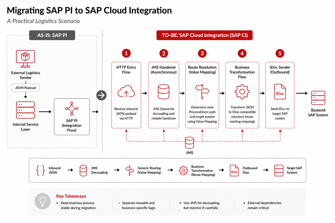 Diagram showing migration from SAP PI to SAP Cloud Integration, with a JSON input processed through HTTP entry, JMS handover, routing, transformation, and IDoc output to a backend system.