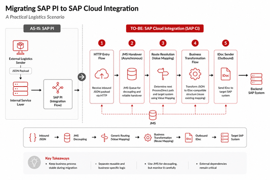 Diagram showing migration from SAP PI to SAP Cloud Integration, with a JSON input processed through HTTP entry, JMS handover, routing, transformation, and IDoc output to a backend system.